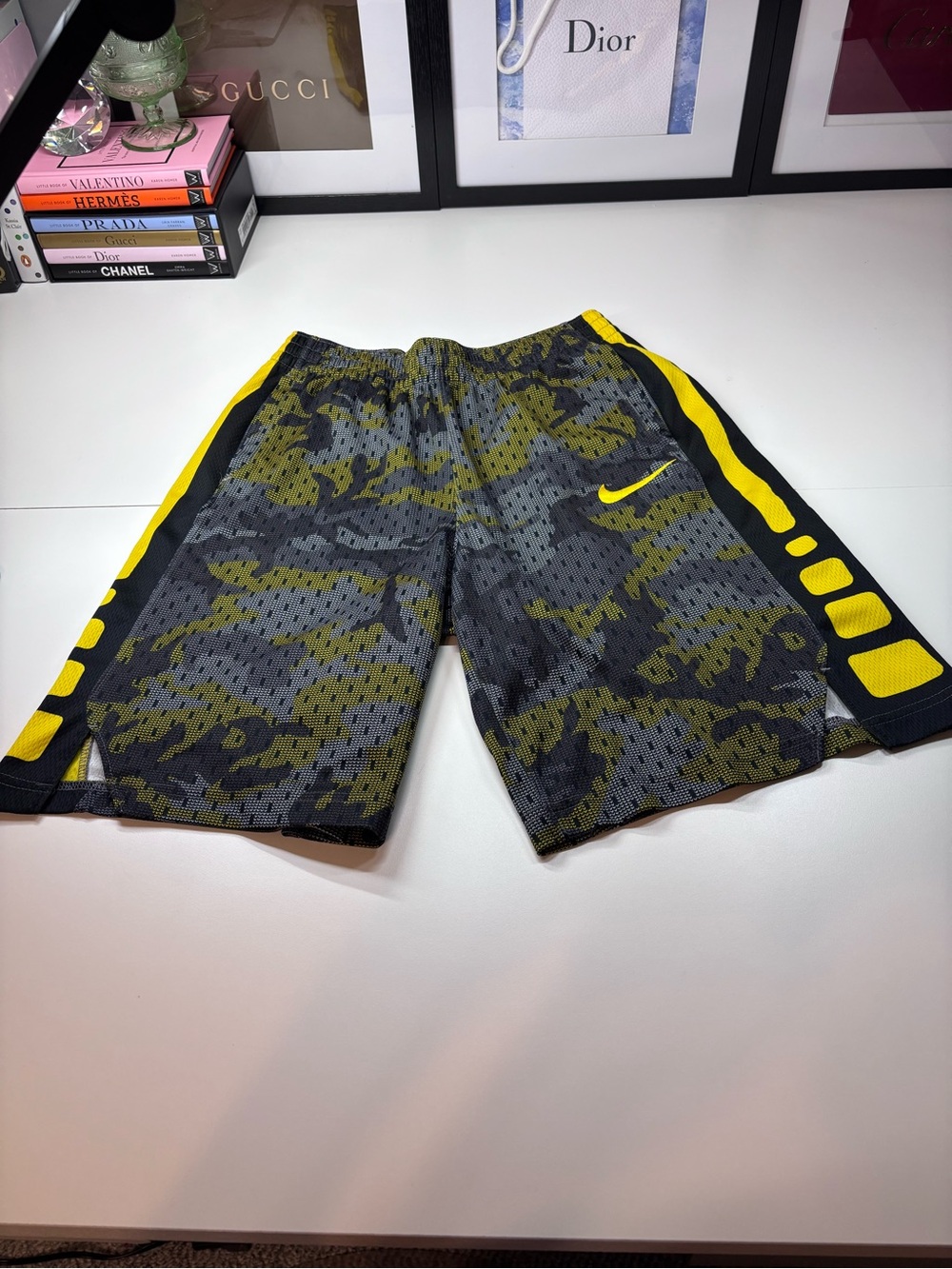 Nike Boy’s Yellow & Black Camo Athletic Basketball Shorts with Yellow Accent XL